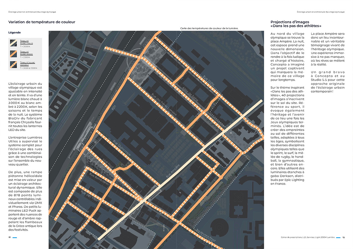 Village olympique température de couleur et trame noire - éclairage urbain et architectural - pages 18-19 - extrait du cahier de prescriptions, Vincent Laganier © LZL Services